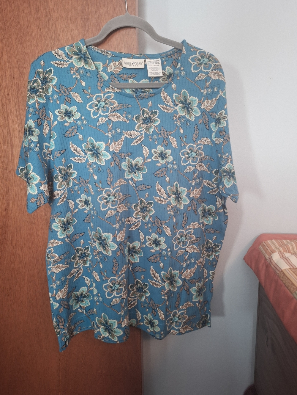 White Stag NWOT Teal Floral Wide Ribbed Short-Sleeve Top Women's Size 18/20